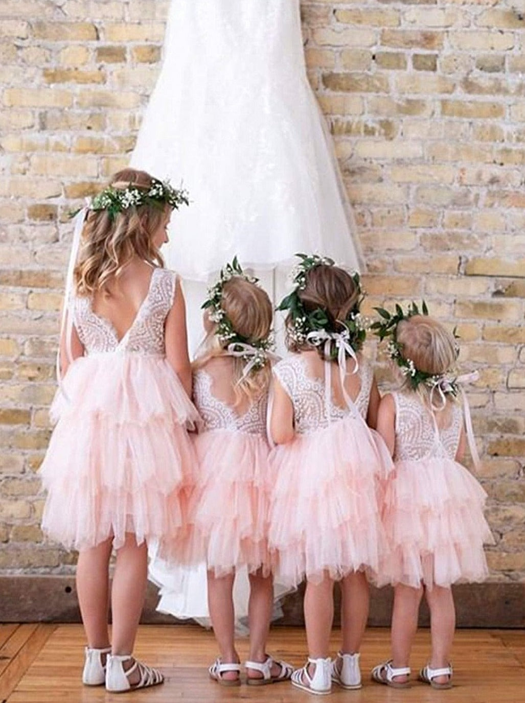 2 Bunnies Peony Lace Flower Girl Dress in Pink Sleeveless Knee-Length Tiered Tulle A-Line V-Back Scoop 6